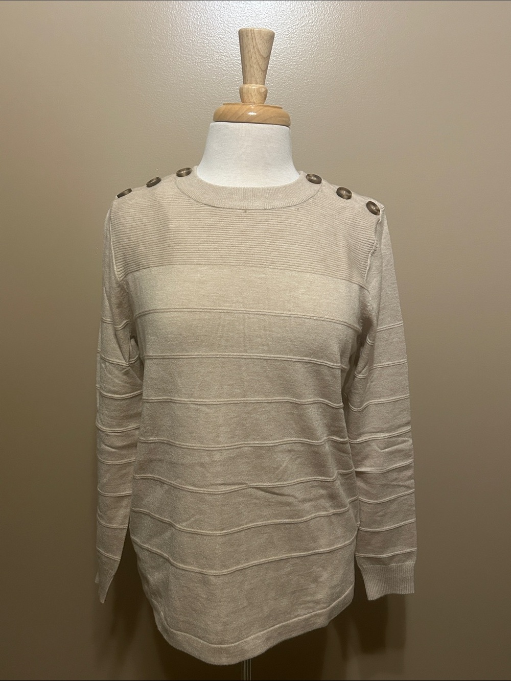 Pulse Cream Button-Shoulder Crewneck Sweater